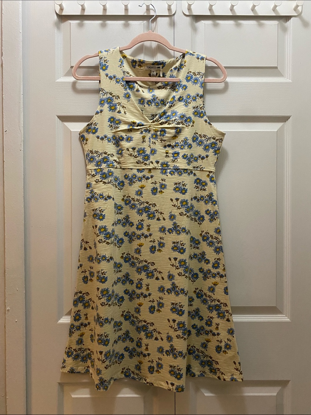 Toad&Co Yellow Dress with Blue Floral Print Organic Cotton Blend Size Medium